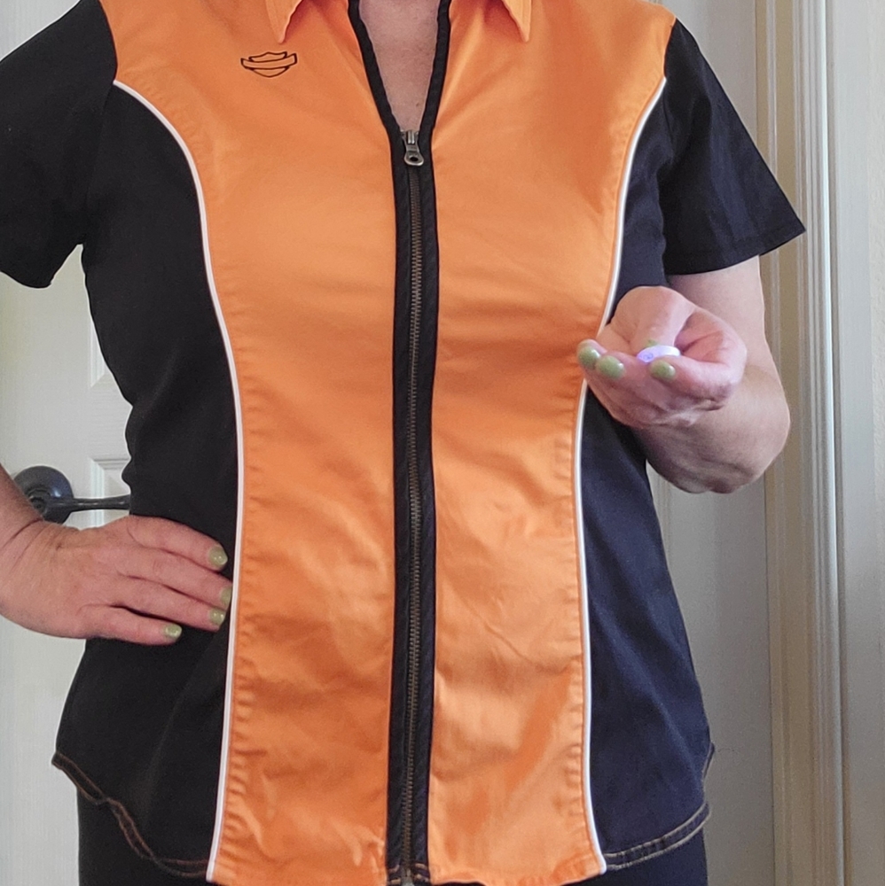 Harley Davidson Zip Front Orange & Black Top XL